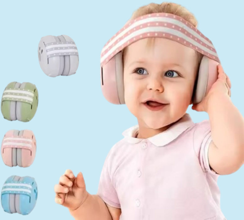 Bébé portant un casque anti bruit certifié CE pour dormir paisiblement