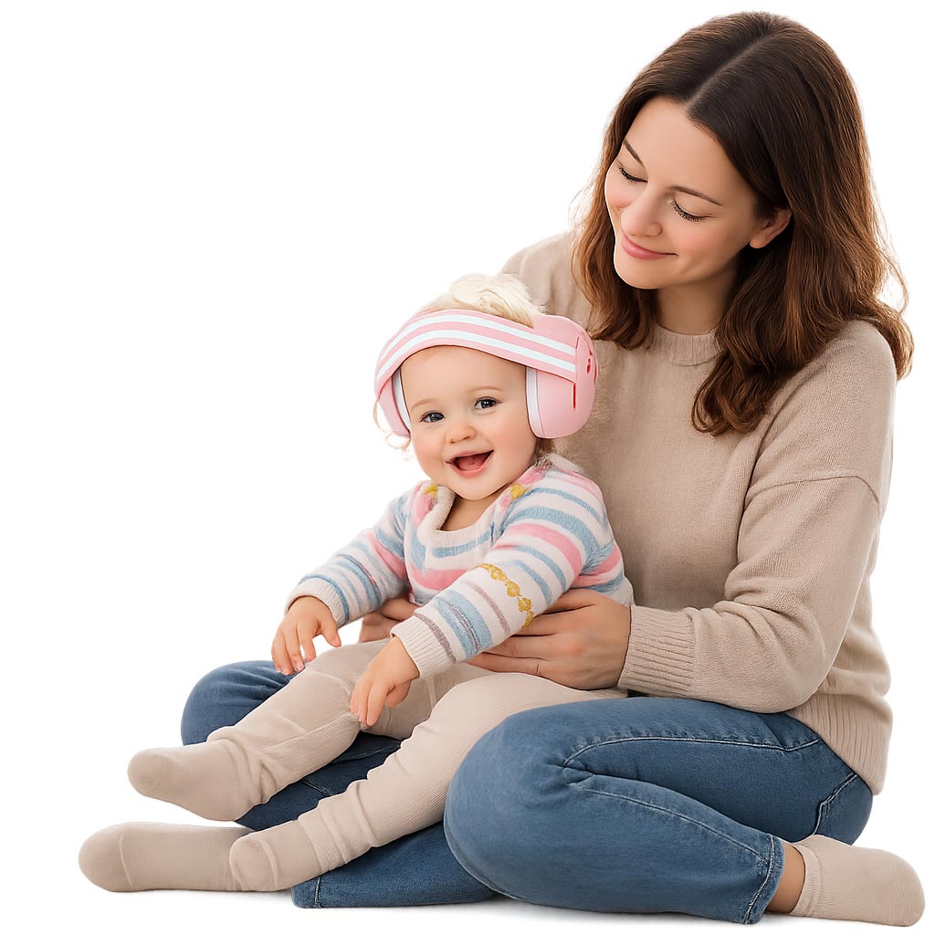 Bébé portant un casque anti bruit avec sa maman